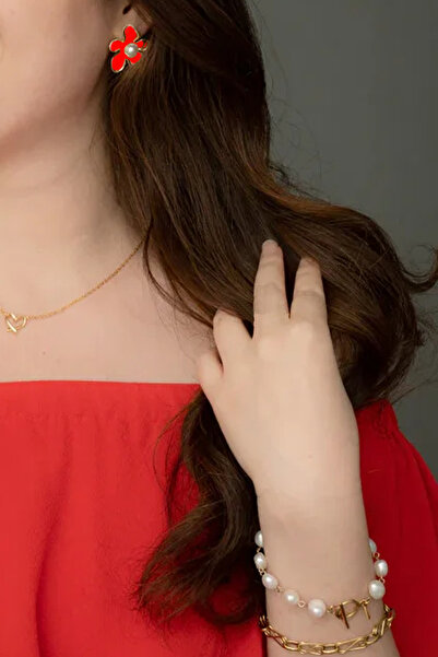 Glaren Flower with Pearls Red Color Women's Earrings