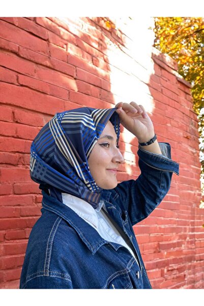 LAWILIA Eșarfă din mătase Tivil cu model geometric în dungi albastru bleumari...