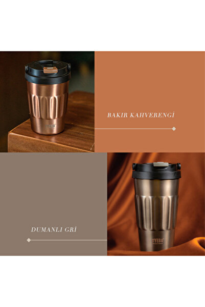Tyeso Coffe Mug Vakumlu Paslanmaz Çelik Taşıma Kulplu 500 ml Gri