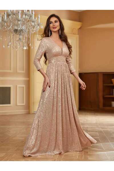 MODAS V YAKA UZUN KOLLU PUL PAYET ABİYE ELBİSE