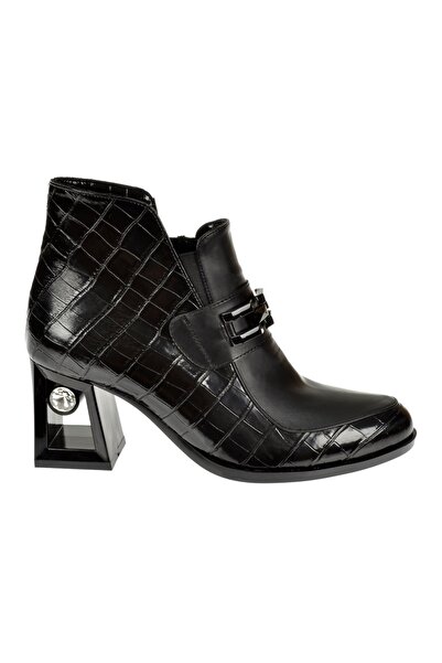 pullman Topuklu Kısa Kadın Bot İZ-336 SİYAH KROKO