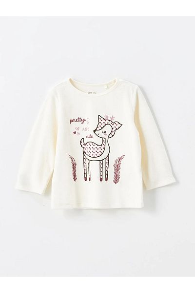 LC Waikiki Lcw Baby Cream Colored Crew Neck Printed Baby Girl Pajama Set