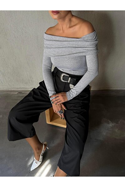 minaaise Kadın Gri Madonna Yaka Likralı Viskon Uzun Kollu Bluz 28218
