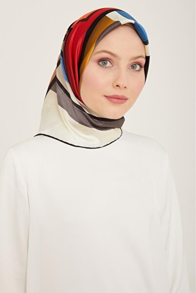 Armine Gri antracit - Eșarfă din mătase Tivil cu model geometric roșu 9122 - 34