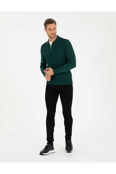 Pierre Cardin Yeşil Regular Fit Fermuarlı Polo Yaka Triko Kazak 50296453-VR054