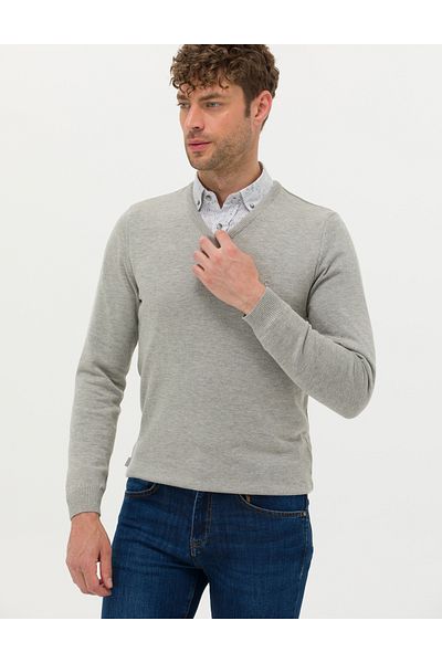 Pierre Cardin Light Gray Melange Slim Fit V-Neck Basic Knitwear Sweater 50276156-Vr091