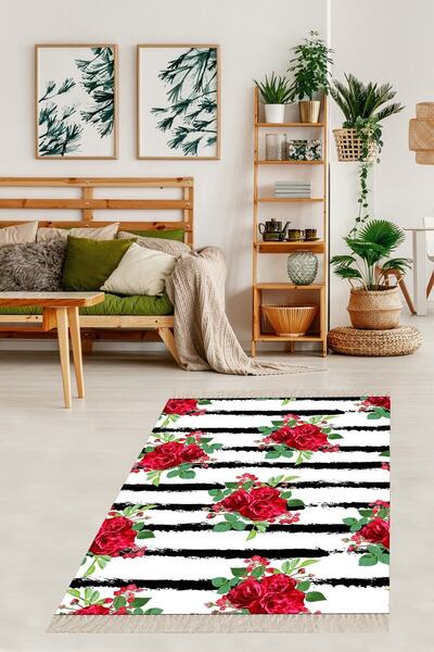 uygun dekor Kırmızı Gül Desenli Dijital Baskı Yıkanabilir Kaymaz Taban Güllü ...