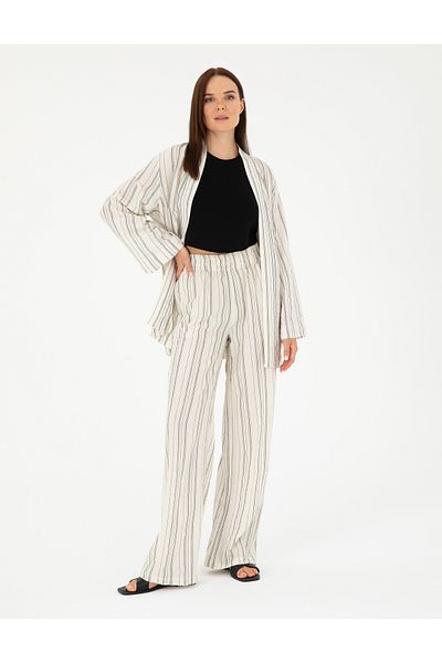 Pierre Cardin Ecru Textured High Waist Loose Fit Trousers 50284528 -Vr019