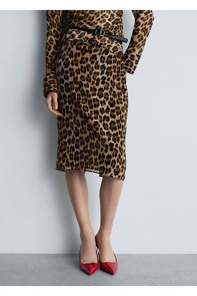 MANGO Woman Leopard Patterned Midi Skirt