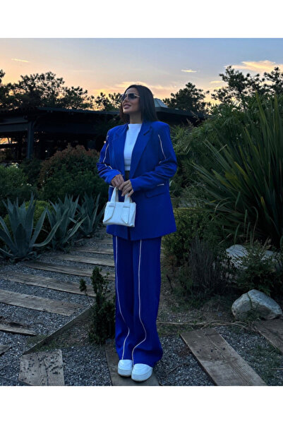 pembekurdelem Kadın Stil Oversize Ceket Pantolon Takım Saks Mavi