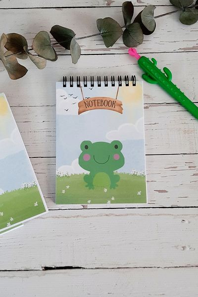 Burak Baskı Tasarım Green Lined A-6 Spiral Frog Notepad - Memopad, Memo Pad, Notebook