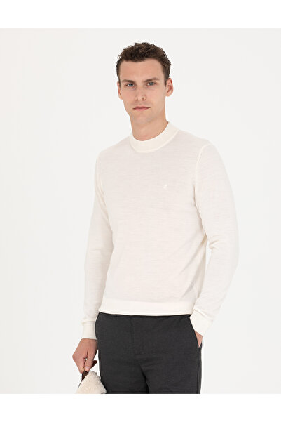 Pierre Cardin Ekru Regular Fit Çeyrek Yaka Yün Karışımlı Basic Triko Kazak 50270049-VR019