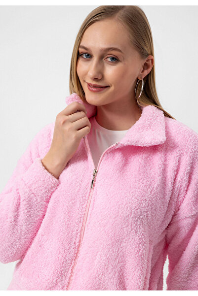 COOLHILL Γυναικείο βελούδινο μπουφάν με ροζ γιακά με φερμουάρ