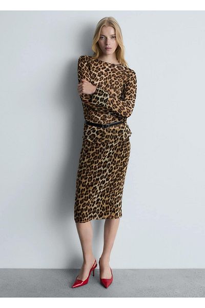 MANGO Woman Leopard Patterned Midi Skirt