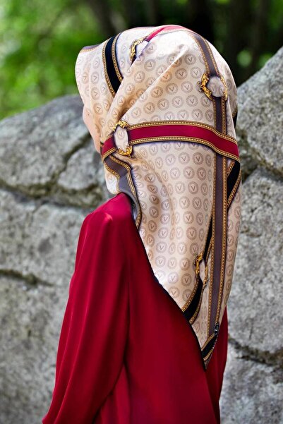 Vissona Beige Burgundy Mixed Pattern Tivil Silk Scarf 10653 - 0004 - 0018