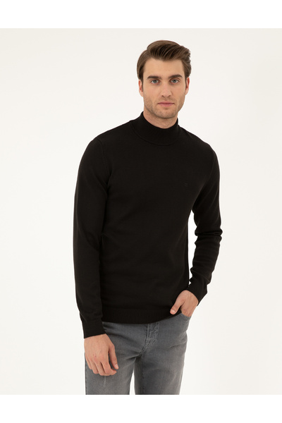 Pierre Cardin Μαύρο πουλόβερ με μισό ζιβάγκο σε στενή γραμμή, βασικό πλεκτό 5...