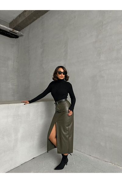 Lady Pixie Fusta midi cu fante din piele