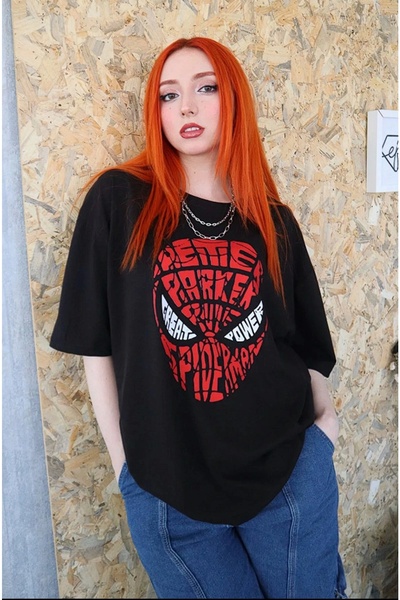 1blood Siyah Renk Unisex Great Power Spiderman Yazılı Tişört