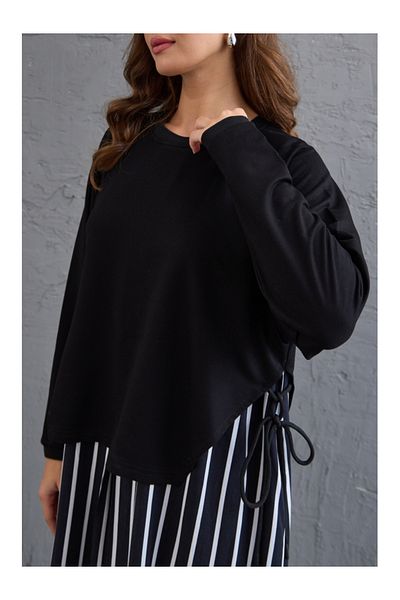Elif Özbey Butik Rochie cu mânecă lungă cu cravată laterală cu dungi negre