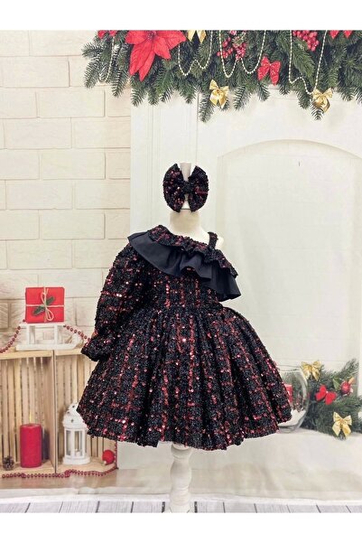 Nissa Kırmızı Payeli Tek Kollu Kız Çocuk Elbisesi
