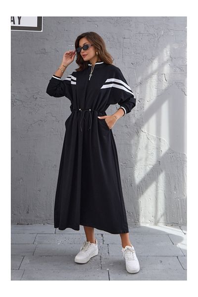 Elif Özbey Butik Μαύρο μανίκι γαρνιρισμένο φόρεμα στη μέση