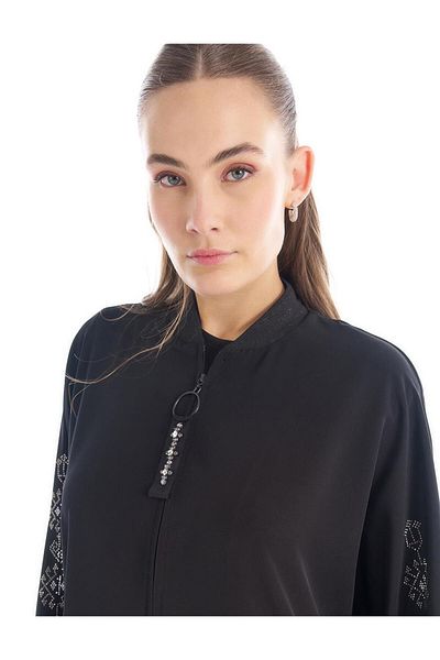 Kayra Black Hotfix Printed Crew Neck Top Coat