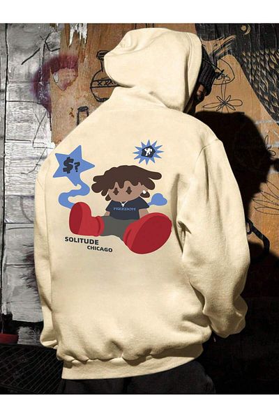aynewmoda Solitude Chicago Ecru Oversize Hooded Sweatshirt - Front and Back Printed Hoodie