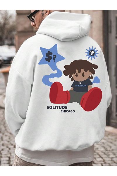 aynewmoda Solitude Chicago - Hanorac alb cu glugă supradimensionat, imprimat față și spate
