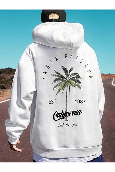 aynewmoda Santa Barbara White Oversize Hooded Sweatshirt - Front and Back Printed Hoodie