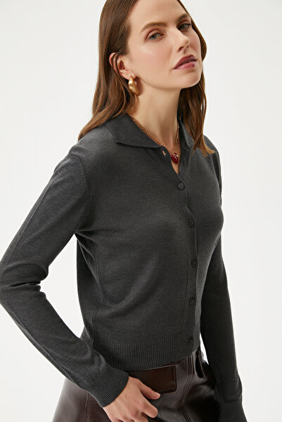 Ritnice Women's Thin Polo Neck Thin Anthracite Cardigan