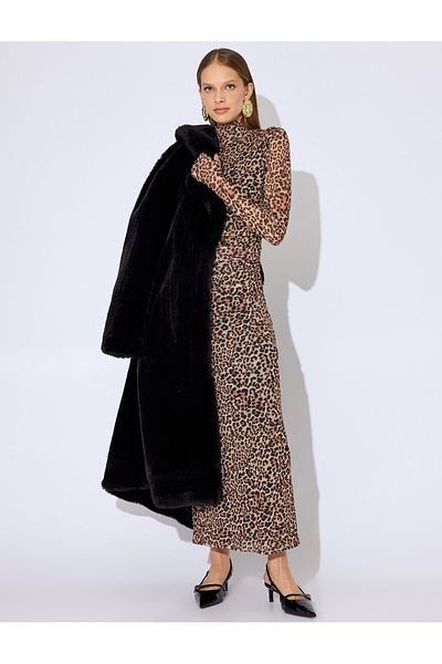 Koton Zeynep Bastık Long Leopard Print - Stand γιακά και μακρυμάνικο μολύβι φόρεμα