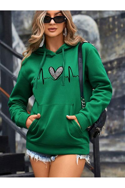 aynewmoda Φούτερ με κουκούλα σε χακί χρώμα - Πλεκτό με στάμπα καρδιάς
