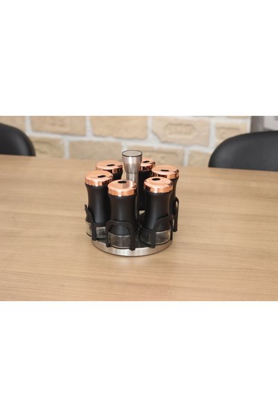 Vitale Chrome Rotating Stand Set of 6 Glass Spice Holders Rose Black