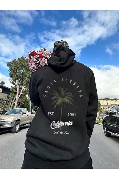 aynewmoda Черен суитшърт с качулка Santa Barbara Oversized - щампа отпред и отзад