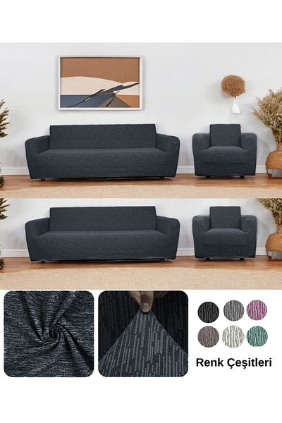 Hantaj Stretch Elastic Flexible Washable Cotton 3 3 1 1 Jacquard Anthracite Sofa Cover Set Sofa Cover