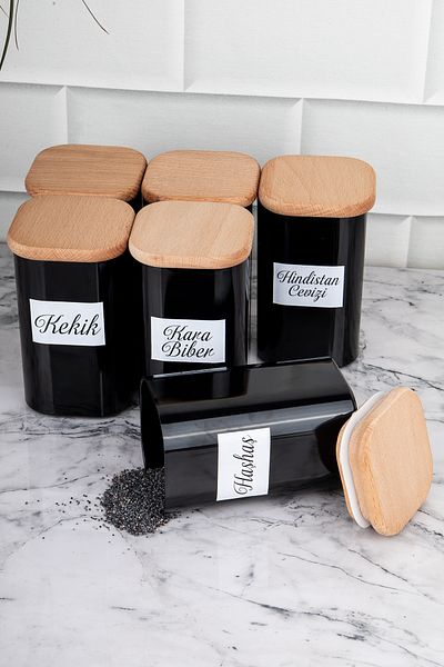 DNS HOME 250 ml Vacuumed Bamboo - Black Acrylic Spice Bowl Set with 6 Labels as a Gift