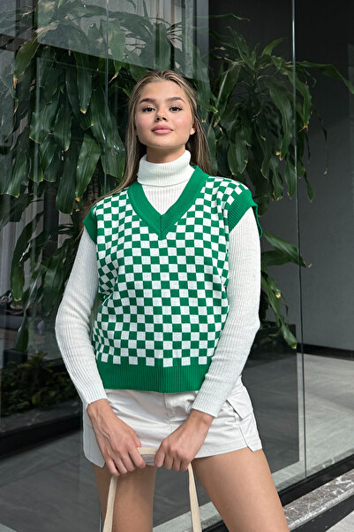 la & vetta Green Checkerboard Patterned V-Neck Knitwear Sweater