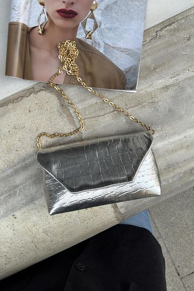 LEONAS Geantă de mână și de umăr pentru femei Croc Clutch cu curea lungă Amedea Silver