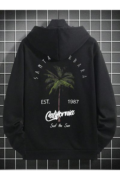 aynewmoda Черен суитшърт с качулка Santa Barbara Oversized - щампа отпред и отзад
