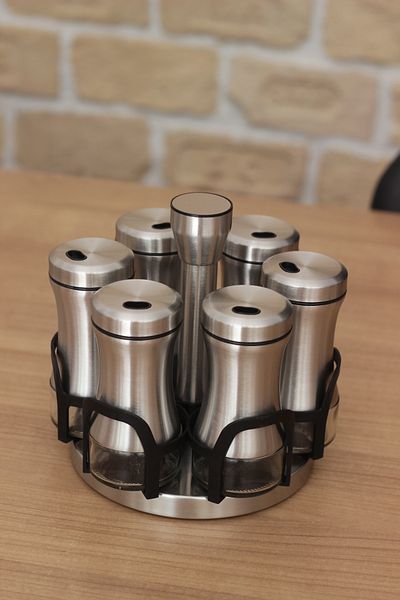 Vitale 6-Piece Silver Glass Spice Rack Set - Chrome with Rotating Stand