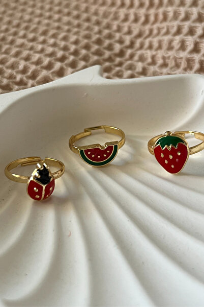 Floriaco Uğur Böceği, Karpuz ve Çilek Yüzük Seti Çocuk Genç Ayarlanabilir Yüz...