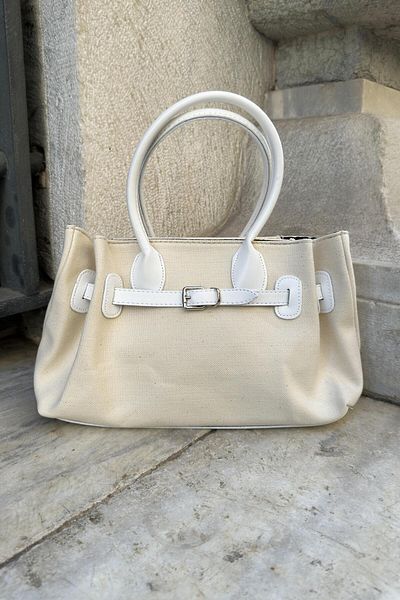 LEONAS Geantă de mână și de umăr pentru femei cu accesorii pentru centură din țesătură de in Venețian Plain White