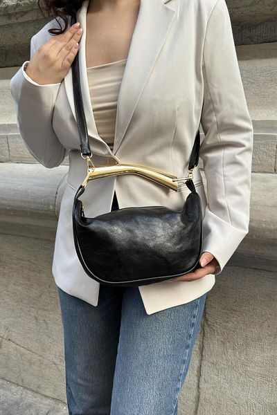 LEONAS Long Strap Women's Hand and Arm Bag with Gold Metal Handle Accessory Nives Black
