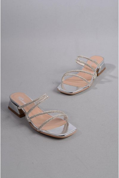 SEÇ KUNDURA SEÇ 2085 Papuci de rochie de seara argintii cu detaliu in piatra - 4 cm inaltime toc