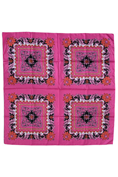 TikiTonki Etnik Desenli Kare Kesim Saten Pembe Eşarp - 90x90