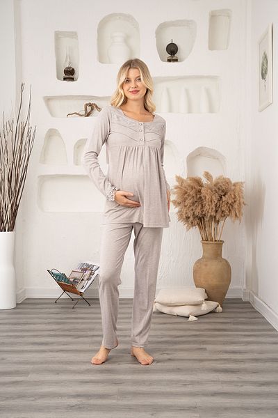 CT MODA Women's Beige Velvet Raised Winter Cotton Maternity Maternity Dressing Gown Pajama Set