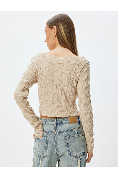 Koton Μακρυμάνικο Crop T-Shirt με υφή - Boat Neck Wrap