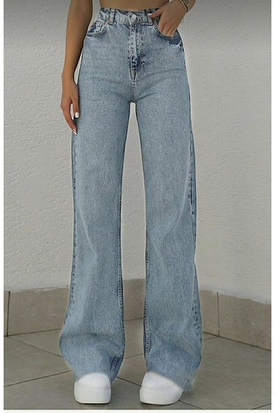 Trn JNS Blugi largi din lycra albastru deschis cu talie super inalta Pantaloni Palazzo