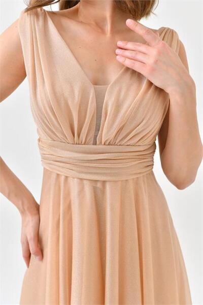 Dipmoda Kadın Gold V Yaka Simli Tül Abiye Elbise Dps9223