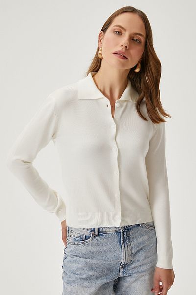 Ritnice Cardigan subțire crem cu gât polo pentru femei
